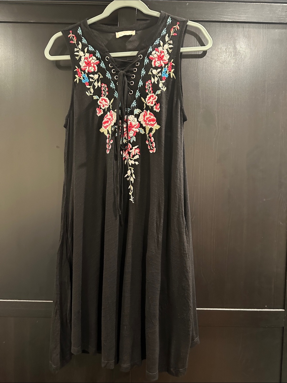 Altar'd State Black Midi Dress with Pink & Red Floral Embroidery